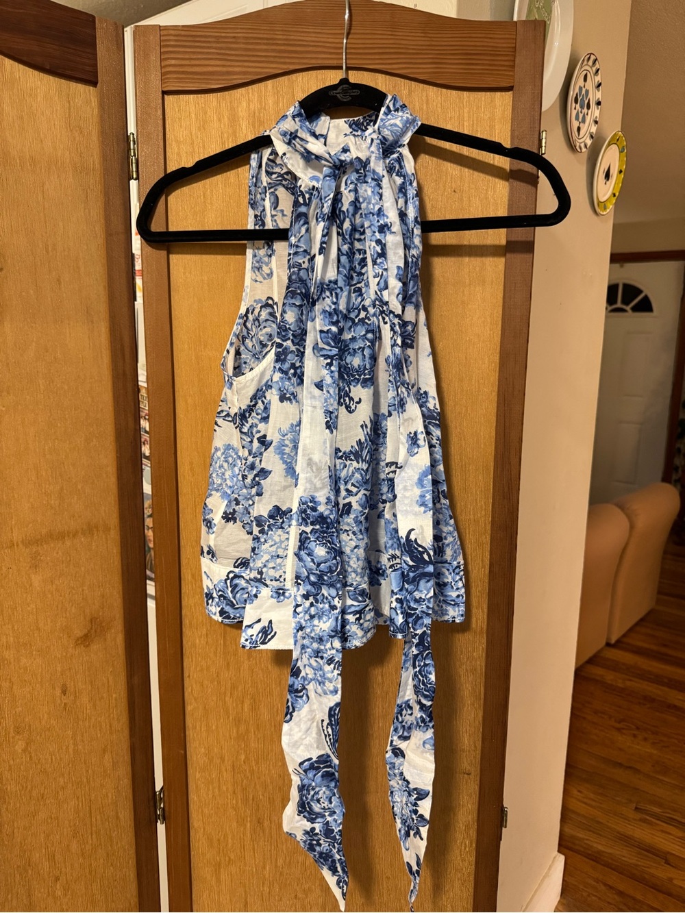 Cinq à Sept 'Rashan' Cotton-Silk Floral Sleeveless Halter Top, Blue/White